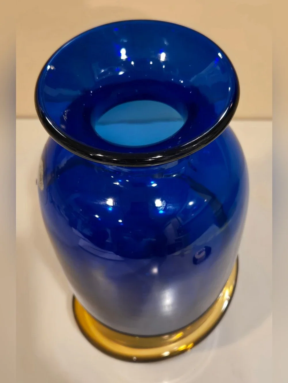 Signed Richard Blenko Cobalt Blue Glass Vase with Amber Spiral Accent